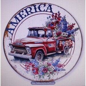 Patriotic America Red Chevy Truck Metal Sign Round Flowers Indoor Outdoor NIP